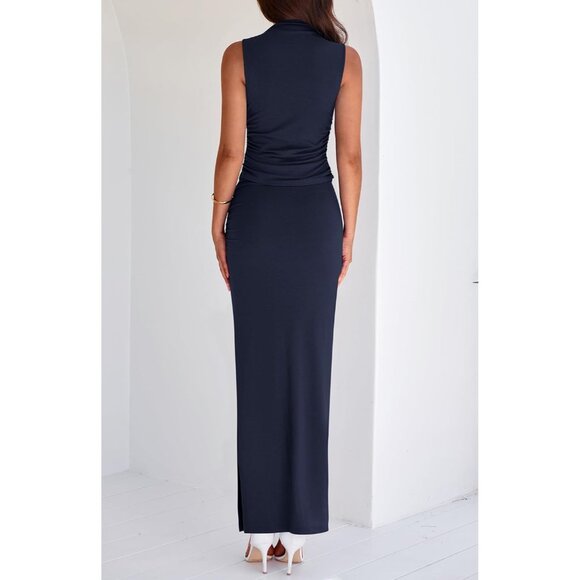 Women's Navy Blue Two Piece Sets Going Mock Neck Sleeveless Knit Tops Maxi Skirt - Picture 3 of 6